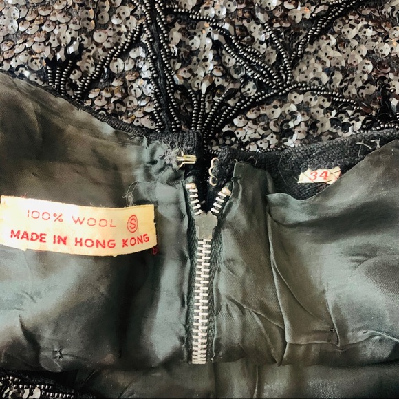 Vintage Black Beaded Sequins 100% Wool Evening - Picture 7 of 8